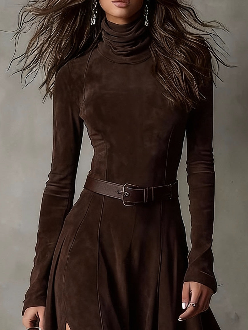 Elegant Faux Suede Maxi Dress for Women with Turtleneck Slit Detail