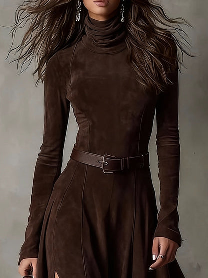Elegant Faux Suede Maxi Dress for Women with Turtleneck Slit Detail