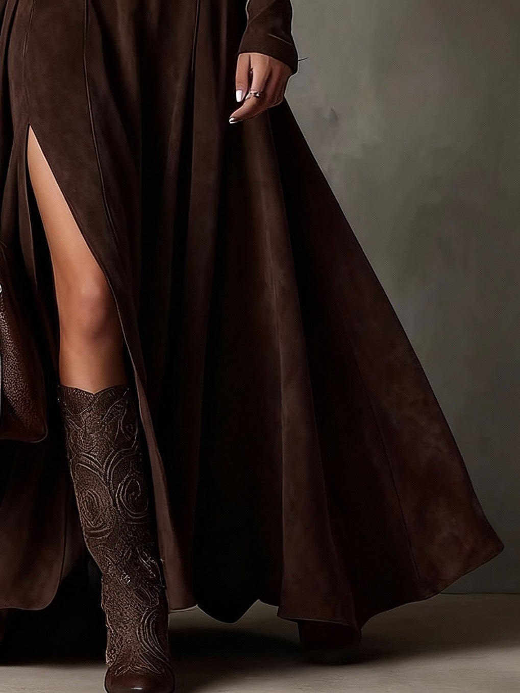 Elegant Faux Suede Maxi Dress for Women with Turtleneck Slit Detail