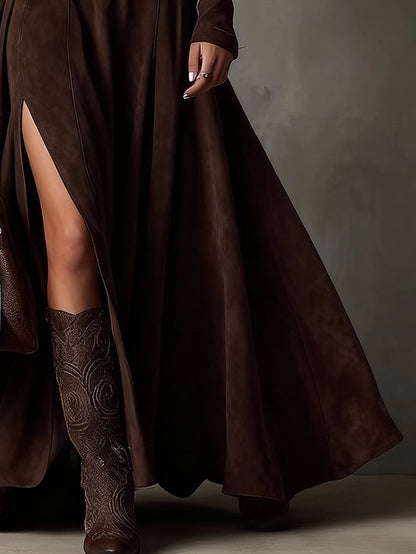 Elegant Faux Suede Maxi Dress for Women with Turtleneck Slit Detail
