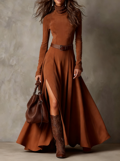 Elegant Faux Suede Maxi Dress for Women with Turtleneck Slit Detail