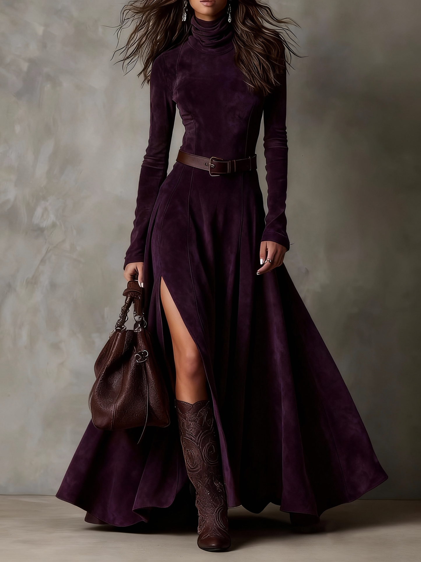 Elegant Faux Suede Maxi Dress for Women with Turtleneck Slit Detail