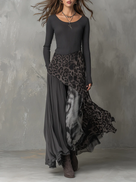 Effortless Leopard Print Maxi Dress for Women with Ribbed Long Sleeve Irregular Hem