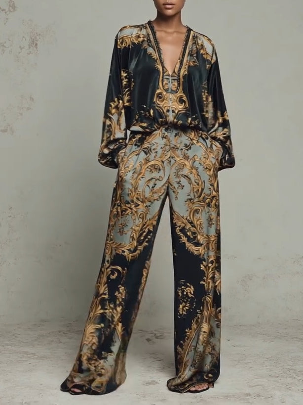 Elegant Baroque Print Two Piece Set for Women with Wide Leg Trouser V-Neck Top
