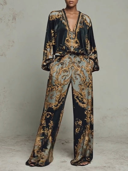 Elegant Baroque Print Two Piece Set for Women with Wide Leg Trouser V-Neck Top
