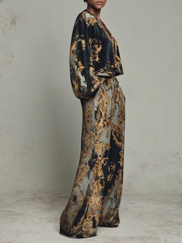 Elegant Baroque Print Two Piece Set for Women with Wide Leg Trouser V-Neck Top