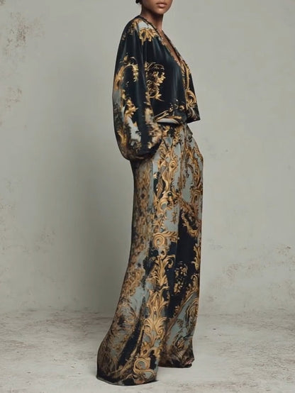 Elegant Baroque Print Two Piece Set for Women with Wide Leg Trouser V-Neck Top