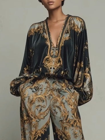 Elegant Baroque Print Two Piece Set for Women with Wide Leg Trouser V-Neck Top