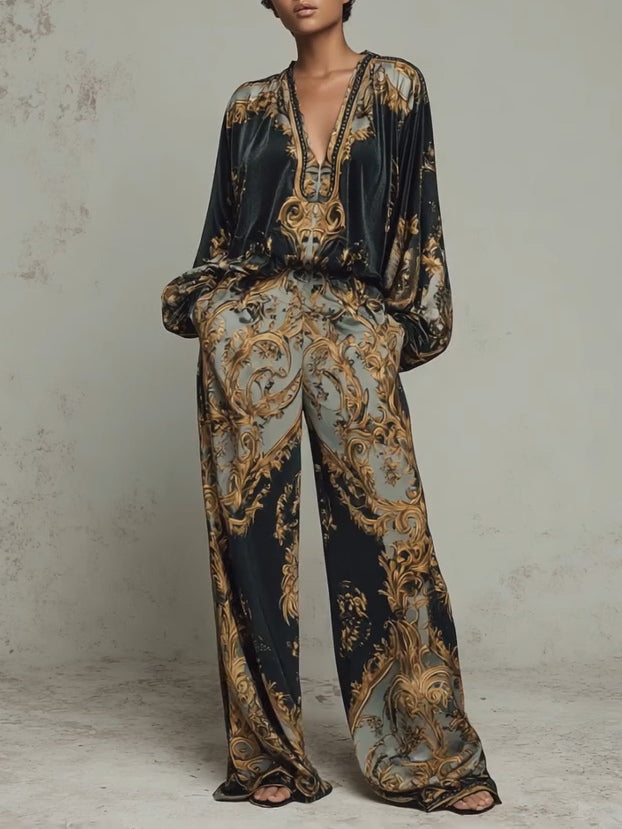 Elegant Baroque Print Two Piece Set for Women with Wide Leg Trouser V-Neck Top