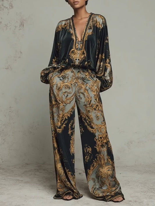 Elegant Baroque Print Two Piece Set for Women with Wide Leg Trouser V-Neck Top