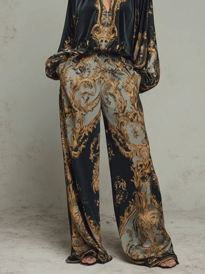 Elegant Baroque Print Two Piece Set for Women with Wide Leg Trouser V-Neck Top