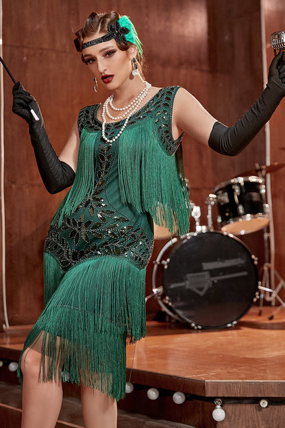Elegant Gold Dress for Women with Scoop Neck Sleeveless Fringe Beaded Tiered Flapper Style