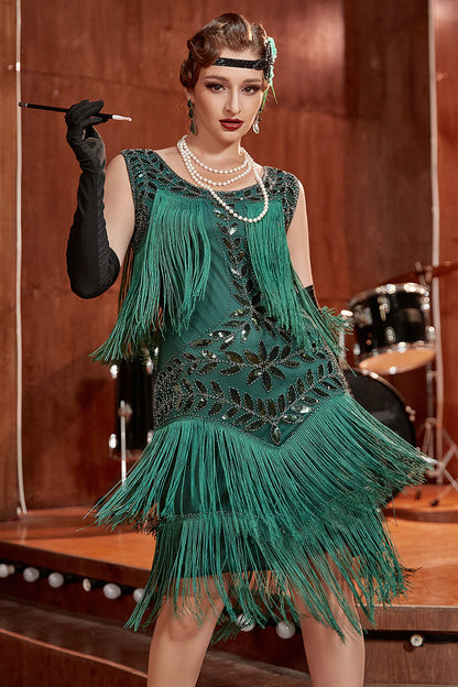 Elegant Gold Dress for Women with Scoop Neck Sleeveless Fringe Beaded Tiered Flapper Style