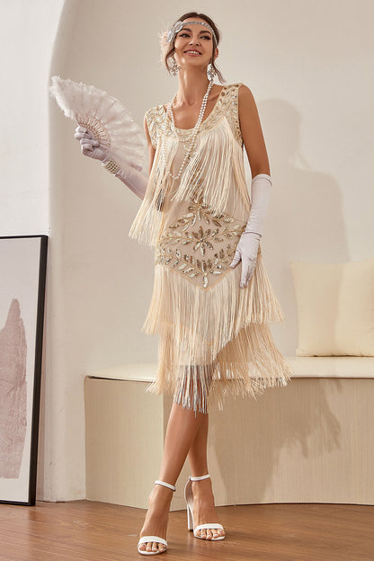 Elegant Gold Dress for Women with Scoop Neck Sleeveless Fringe Beaded Tiered Flapper Style