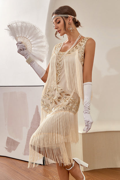 Elegant Gold Dress for Women with Scoop Neck Sleeveless Fringe Beaded Tiered Flapper Style