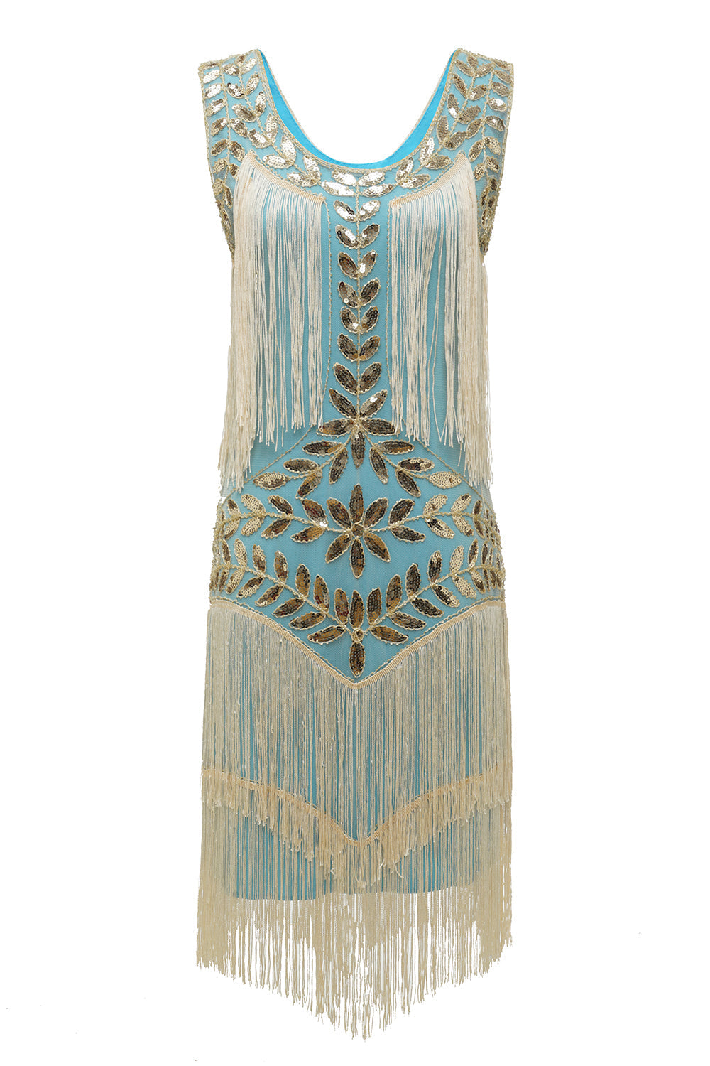 Elegant Gold Dress for Women with Scoop Neck Sleeveless Fringe Beaded Tiered Flapper Style