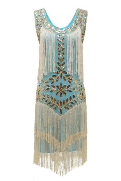 Elegant Gold Dress for Women with Scoop Neck Sleeveless Fringe Beaded Tiered Flapper Style