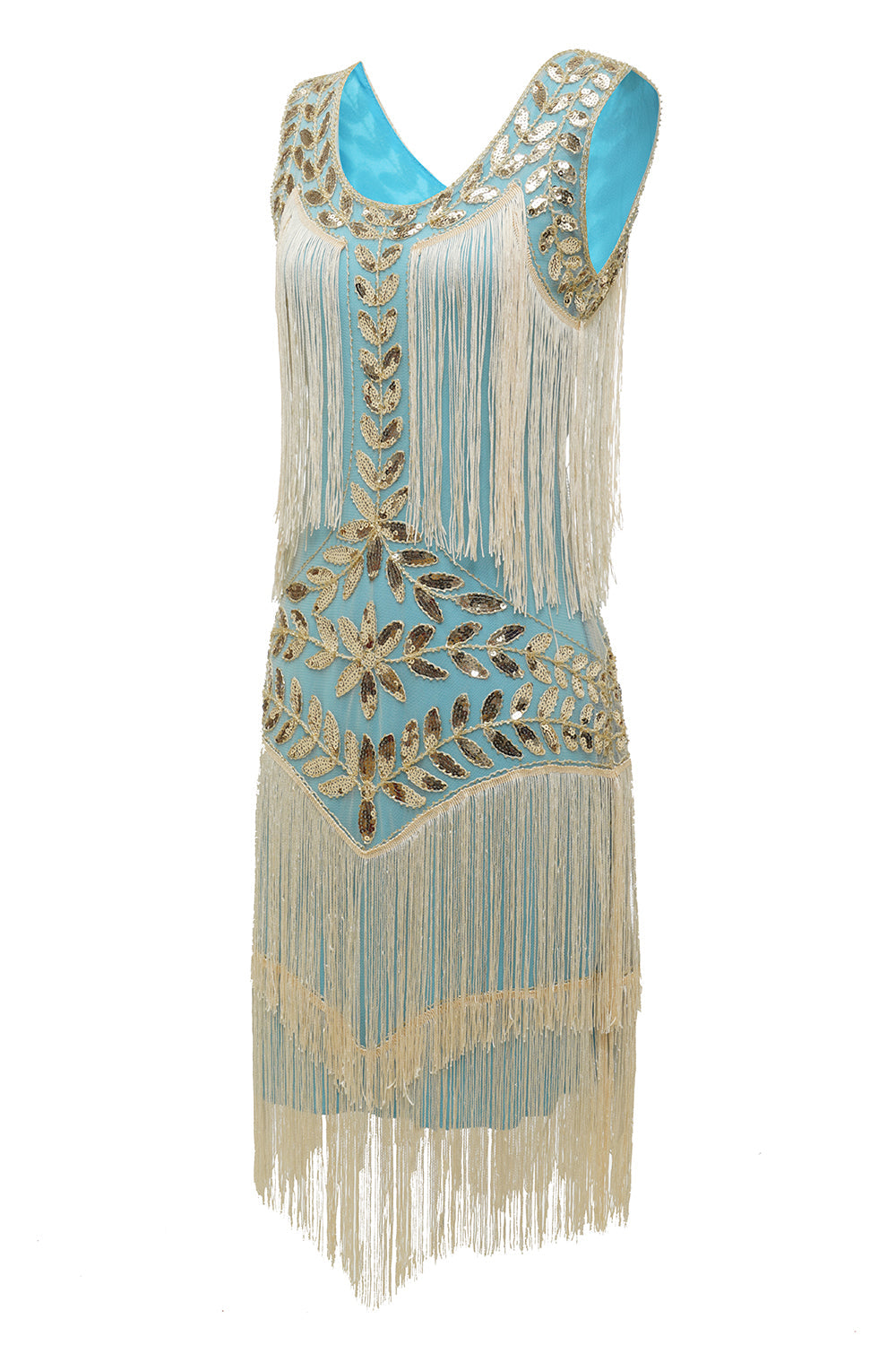 Elegant Gold Dress for Women with Scoop Neck Sleeveless Fringe Beaded Tiered Flapper Style
