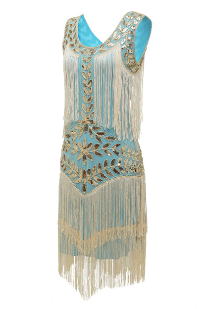 Elegant Gold Dress for Women with Scoop Neck Sleeveless Fringe Beaded Tiered Flapper Style