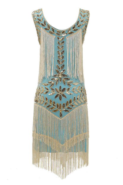 Elegant Gold Dress for Women with Scoop Neck Sleeveless Fringe Beaded Tiered Flapper Style