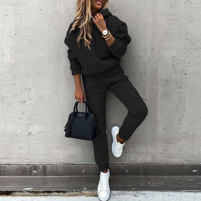 Effortless Fleece Hoodie Two Piece Set for Women with Drawstring Hood Kangaroo Pocket Relaxed Jogger Casual Style