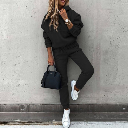 Effortless Fleece Hoodie Two Piece Set for Women with Drawstring Hood Kangaroo Pocket Relaxed Jogger Casual Style
