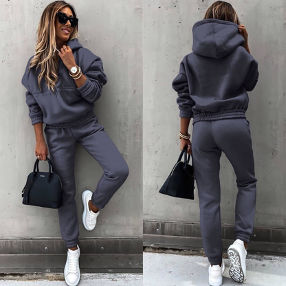 Effortless Fleece Hoodie Two Piece Set for Women with Drawstring Hood Kangaroo Pocket Relaxed Jogger Casual Style