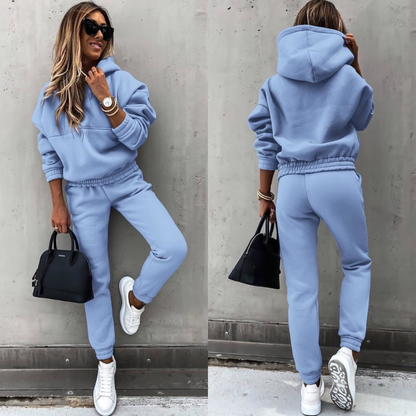 Effortless Fleece Hoodie Two Piece Set for Women with Drawstring Hood Kangaroo Pocket Relaxed Jogger Casual Style