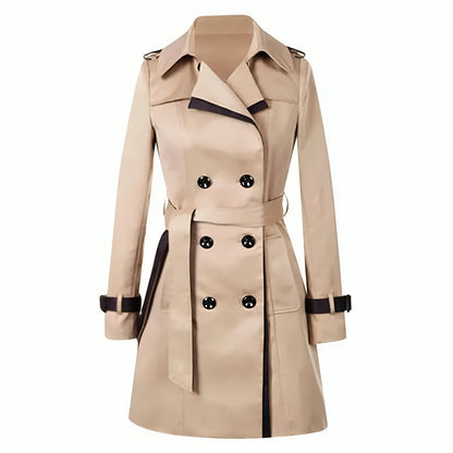 Elegant Trench Coat for Women with Notched Lapel Long Sleeve Belted Double Breasted Style