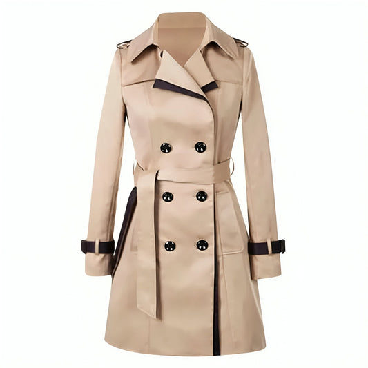 Elegant Trench Coat for Women with Notched Lapel Long Sleeve Belted Double Breasted Style