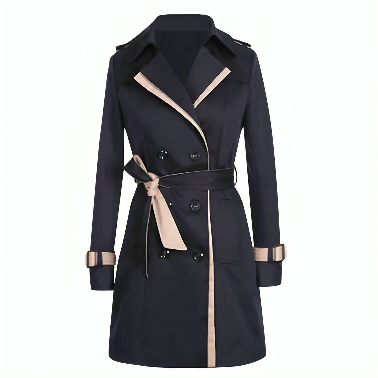 Elegant Trench Coat for Women with Notched Lapel Long Sleeve Belted Double Breasted Style