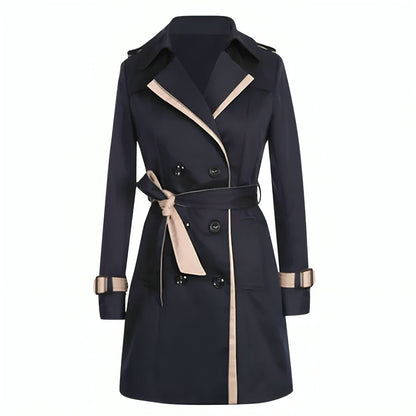 Elegant Trench Coat for Women with Notched Lapel Long Sleeve Belted Double Breasted Style