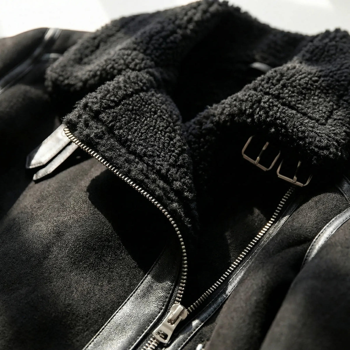 Women's Faux Shearling Aviator Moto Jacket Biker Zip Sherpa-Lined Faux Leather Trim Belted Collar