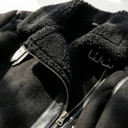 Women's Faux Shearling Aviator Moto Jacket Biker Zip Sherpa-Lined Faux Leather Trim Belted Collar