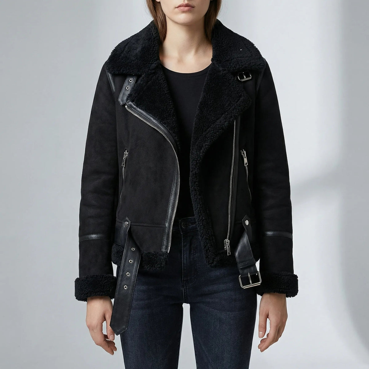 Women's Faux Shearling Aviator Moto Jacket Biker Zip Sherpa-Lined Faux Leather Trim Belted Collar