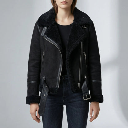 Women's Faux Shearling Aviator Moto Jacket Biker Zip Sherpa-Lined Faux Leather Trim Belted Collar