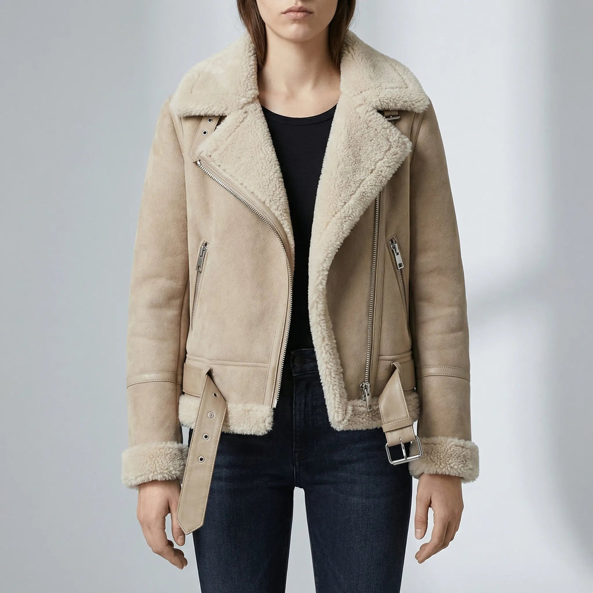 Women's Faux Shearling Aviator Moto Jacket Biker Zip Sherpa-Lined Faux Leather Trim Belted Collar