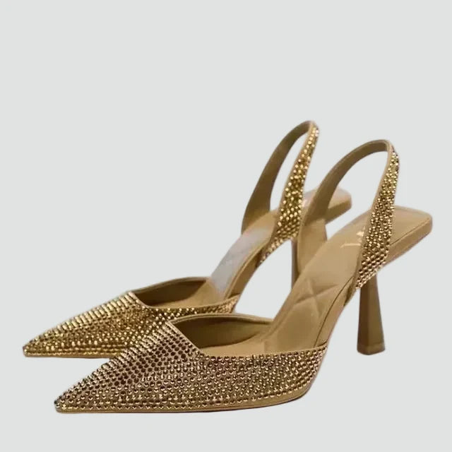 Elegant Kitten Heels for Women with Pointed Toe Slingback Rhinestone Evening Style