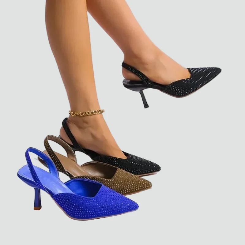 Elegant Kitten Heels for Women with Pointed Toe Slingback Rhinestone Evening Style