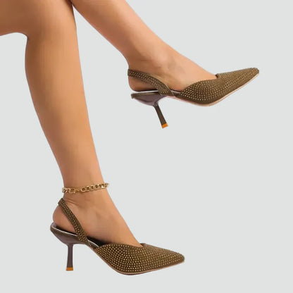 Elegant Kitten Heels for Women with Pointed Toe Slingback Rhinestone Evening Style