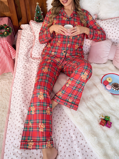 Cozy Red Plaid Christmas Pajamas for Women with Notch Collar Long Sleeve Bear Print Two Piece Style