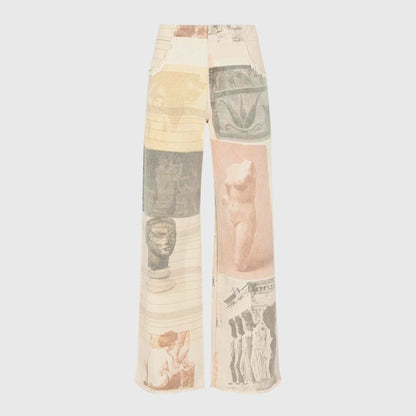 Effortless Ivory Collage Print Wide Leg Jeans for Women with High Waist Raw Hem Frayed Pocket Relaxed Style