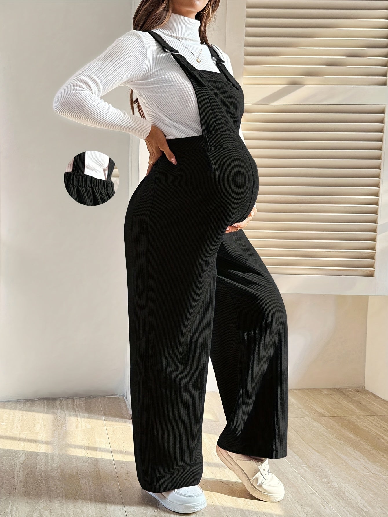 Effortless Corduroy Maternity Overalls for Women with Square Neck Sleeveless Wide Leg Relaxed Style