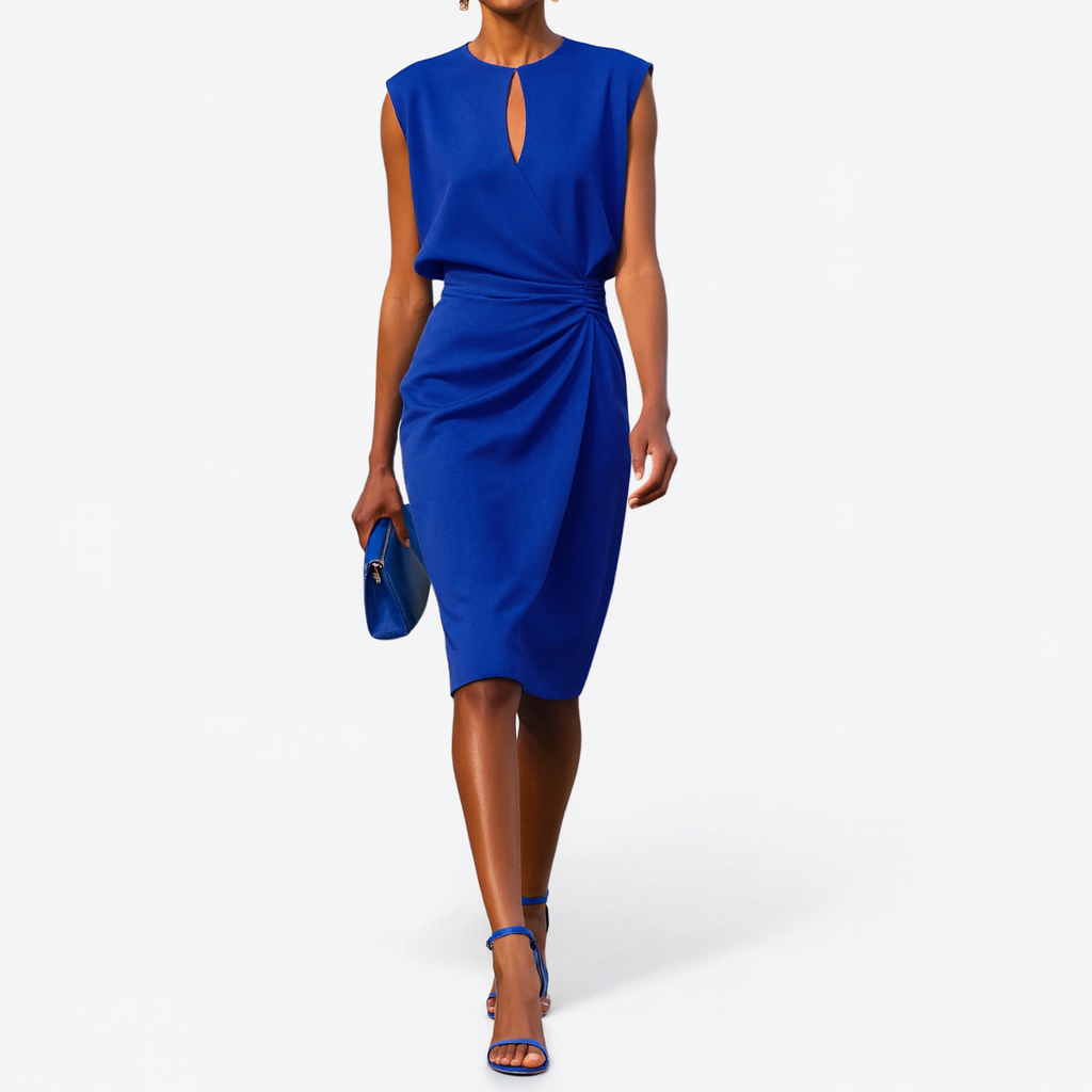 Elegant Sheath Midi Dress for Women with Keyhole Neck Sleeveless Ruched Waist Cocktail Style