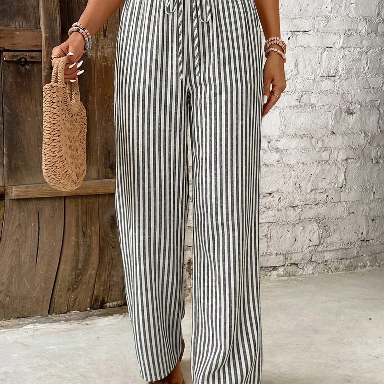 Effortless Striped Linen Wide Leg Pants for Women with High Waist Drawstring Flowing Casual Style
