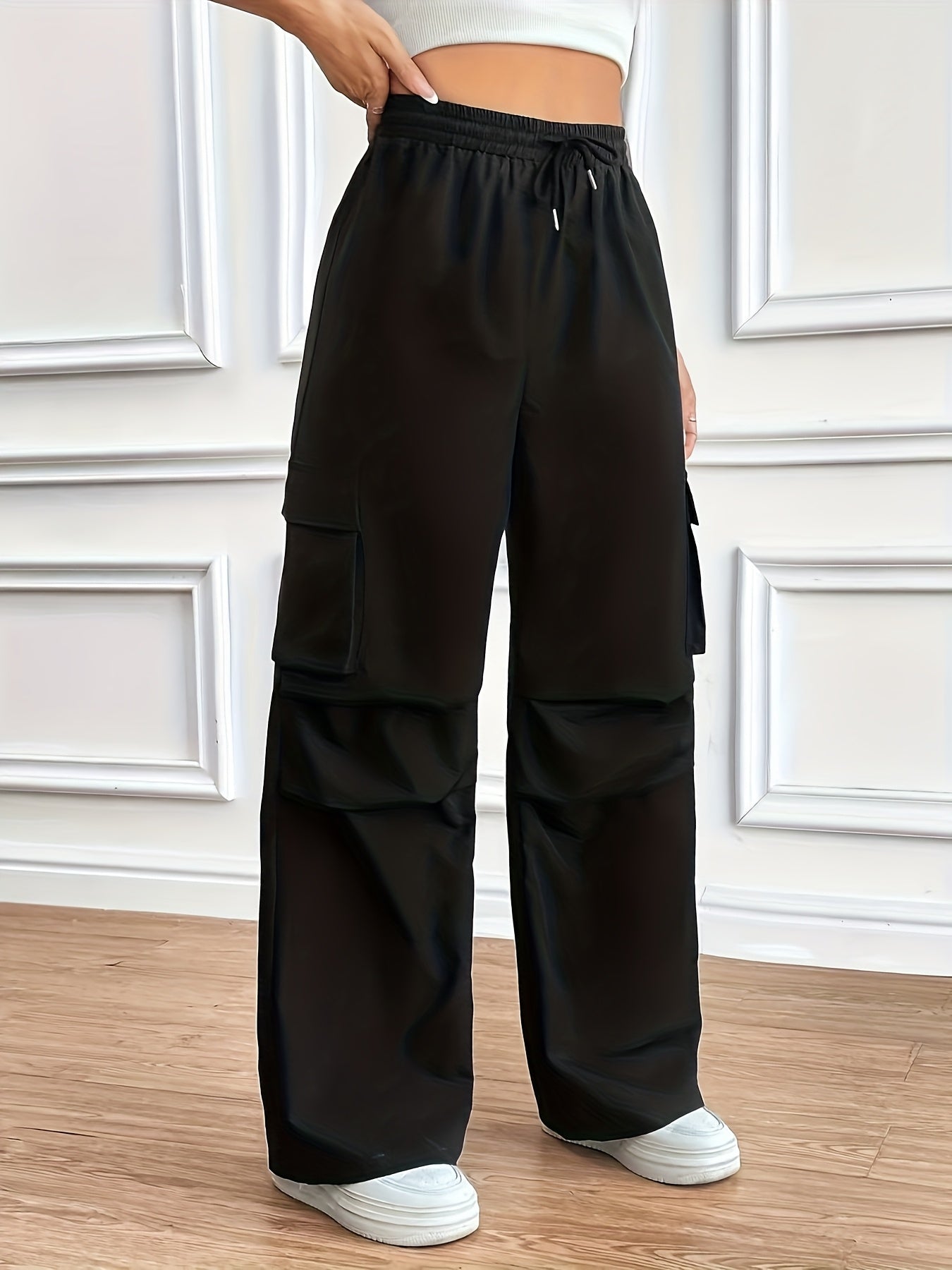 Effortless Black Cargo Pants for Women with High Waist Drawstring Wide Leg Relaxed Style