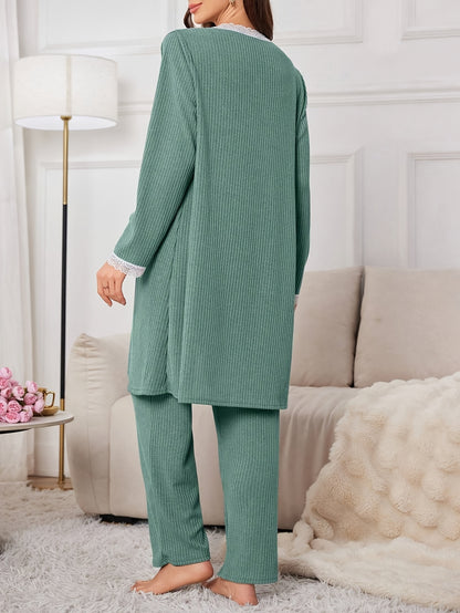 Comfortable Maternity Ribbed Knit Three Piece Set for Women with Lace Trim Nursing Cami Robe Pant Style