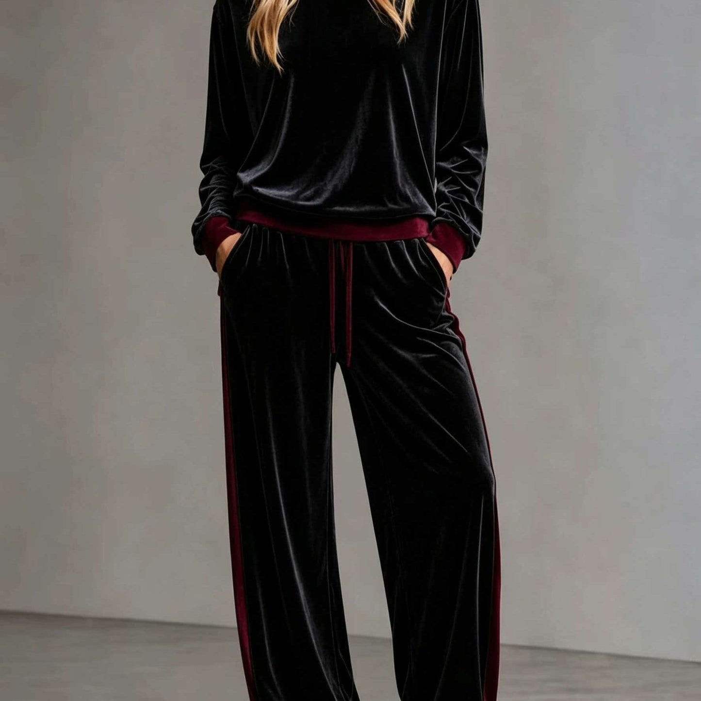 Cozy Velvet Colorblock Sweatsuit for Women with Hooded Long Sleeve Wide Leg Drawstring Two Piece Style