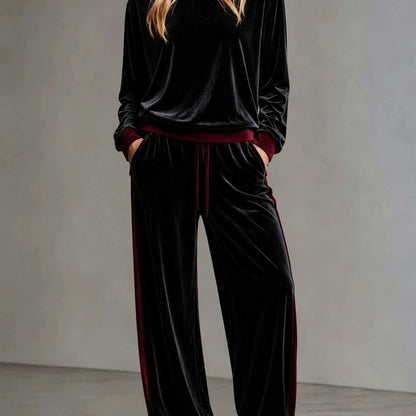 Cozy Velvet Colorblock Sweatsuit for Women with Hooded Long Sleeve Wide Leg Drawstring Two Piece Style