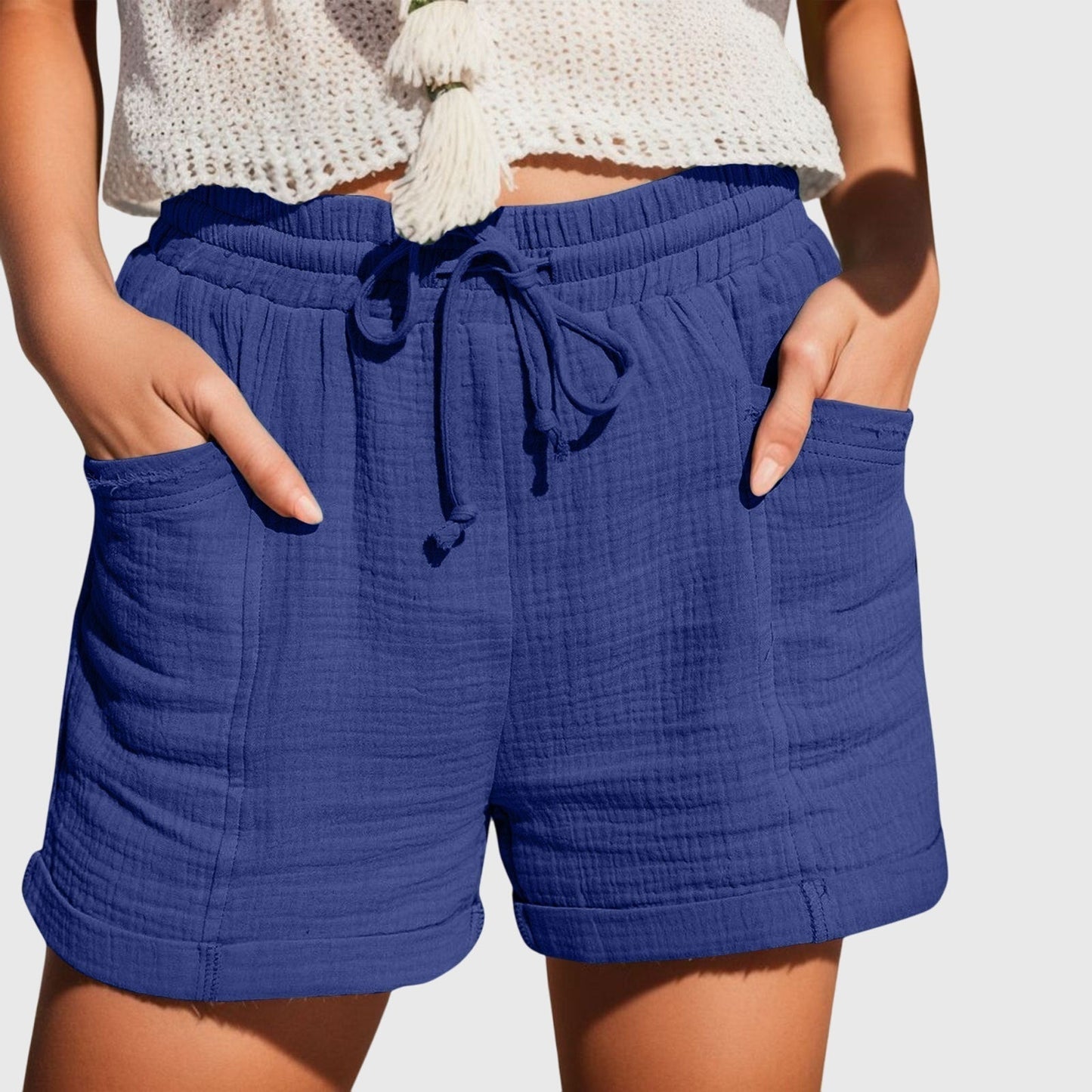 Effortless Khaki Cotton Gauze Shorts for Women with High Waist Drawstring Cuffed Relaxed Casual Style